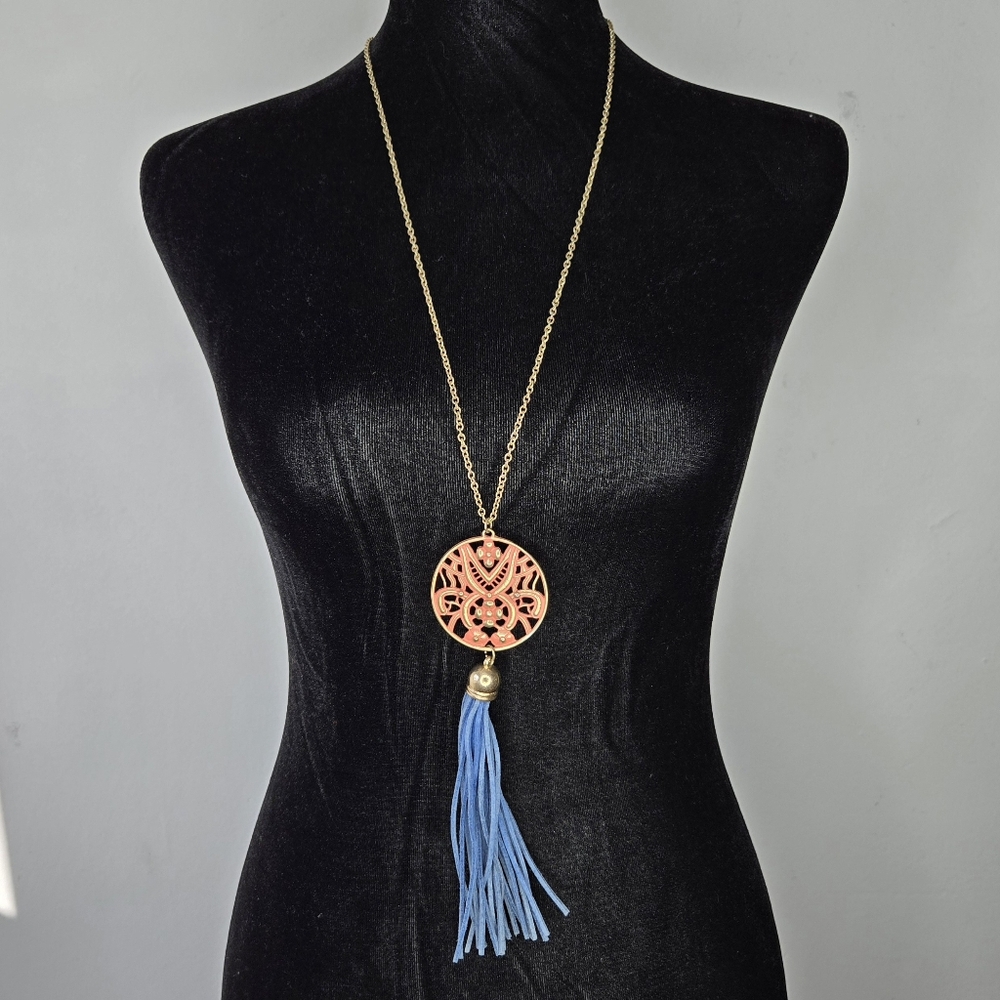 Bohemian Pink Pendant Necklace Long Gold Tone Chain Suede Blue Tassel Hippie